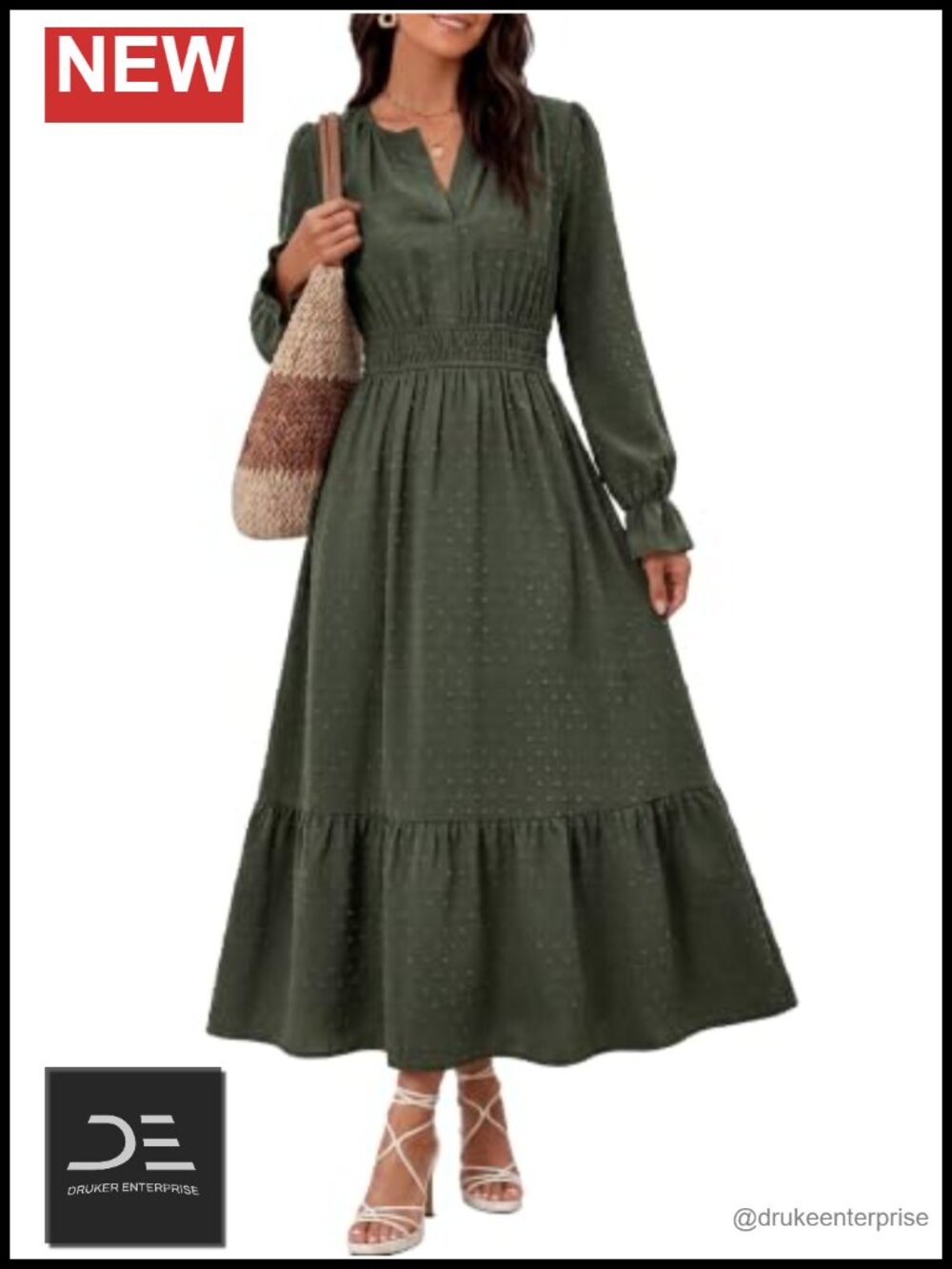 Chevibe Women's Long Sleeve Maxi Dress V Neck Swiss Dot Boho Tiered Smocked